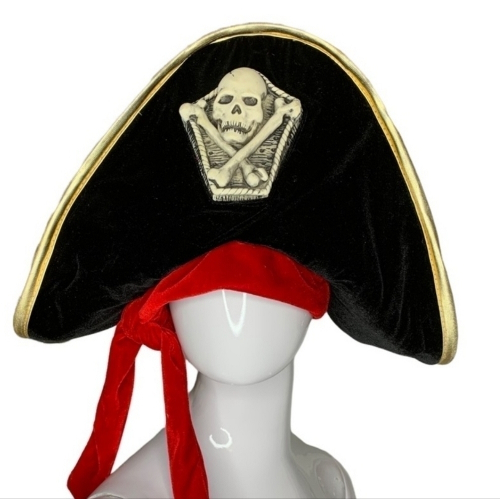 Elope Large Black velvet Pirate costume hat with Skull and Crossbones Halloween